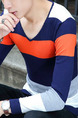 Colorful Plus Size Slim Contrast Stripe V Neck Long Sleeve Men Sweater for Casual