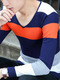 Colorful Plus Size Slim Contrast Stripe V Neck Long Sleeve Men Sweater for Casual
