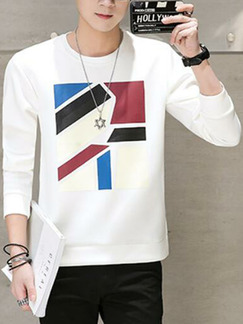White Plus Size Slim Round Neck Located Printing Men Sweater for Casual