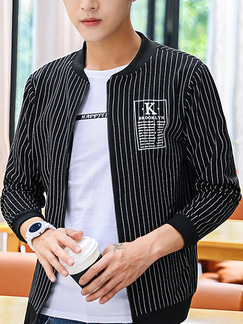 Black and White Plus Size Slim Stand Collar Vertical Stripe Zipper Long Sleeve Men Jacket for Casual