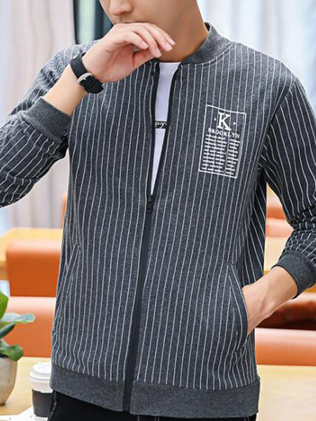 Grey and White Plus Size Slim Stand Collar Vertical Stripe Zipper Long Sleeve Men Jacket for Casual