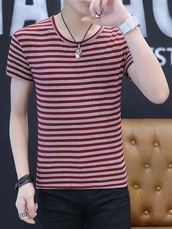Red Plus Size Slim Round Neck Horizontal Stripe Men Shirt for Casual