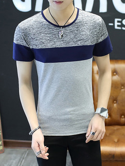 Grey and Blue Plus Size Slim Round Neck Contrast Linking Men Shirt for Casual