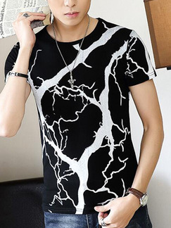 Black and White Plus Size Slim Round Neck Printed Men Shirt for Casual
