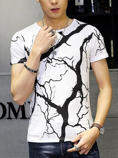 White and Black Plus Size Slim Round Neck Printed Men Shirt for Casual