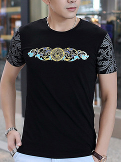 Black Plus Size Slim Round Neck Linking Located Printing Men Tshirt for Casual