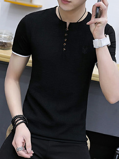Black Plus Size Slim Contrast Linking Round Neck Buttons Embroidery Men Shirt for Casual