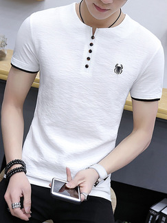 White Plus Size Slim Contrast Linking Round Neck Buttons Embroidery Men Shirt for Casual