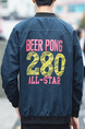 Blue Plus Size Slim Stand Collar Pockets Letter Printed Back Long Sleeve Men Jacket for Casual