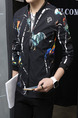 Black Colorful Plus Size Slim Printed Stand Collar Pockets Long Sleeve Men Jacket for Casual