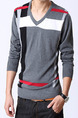 Grey Colorful Plus Size Knitted Stripe Slim Contrast Linking V Neck Long Sleeve Men Sweater for Casual