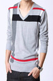 Grey Colorful Plus Size Knitted Stripe Slim Contrast Linking V Neck Long Sleeve Men Sweater for Casual