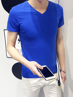 Blue Plus Size Slim V Neck  Men Tshirt for Casual