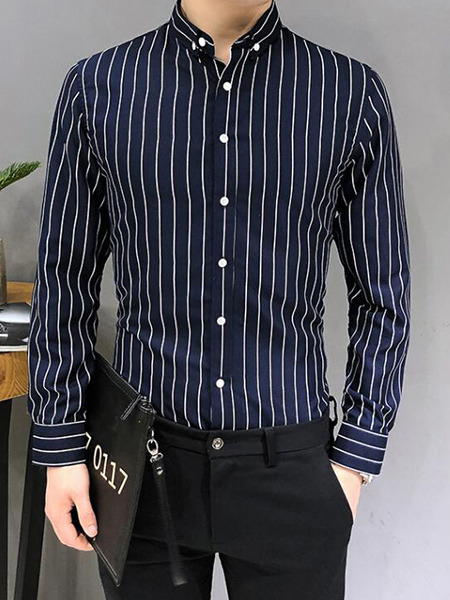 Blue and White Plus Size Slim Lapel Contrast Stripe Single-Breasted Long Sleeve Men Shirt for Casual Office Evening