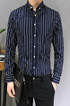 Blue and White Plus Size Slim Lapel Contrast Stripe Single-Breasted Long Sleeve Men Shirt for Casual Office Evening