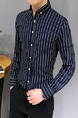 Blue and White Plus Size Slim Lapel Contrast Stripe Single-Breasted Long Sleeve Men Shirt for Casual Office Evening