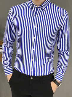 Blue and White Plus Size Slim Lapel Contrast Stripe Single-Breasted Long Sleeve Men Shirt for Casual Office Evening