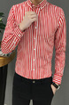 Red and White Plus Size Slim Lapel Contrast Stripe Single-Breasted Long Sleeve Men Shirt for Casual Office Evening