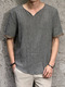 Grey Plus Size Loose V Neck Linking Embroidery Arc Hem Men Tshirt for Casual