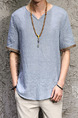 Blue Plus Size Loose V Neck Linking Embroidery Arc Hem Men Tshirt for Casual