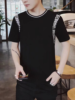 Black Plus Size Slim Contrast Linking Round Neck Letter Printed Men Tshirt for Casual