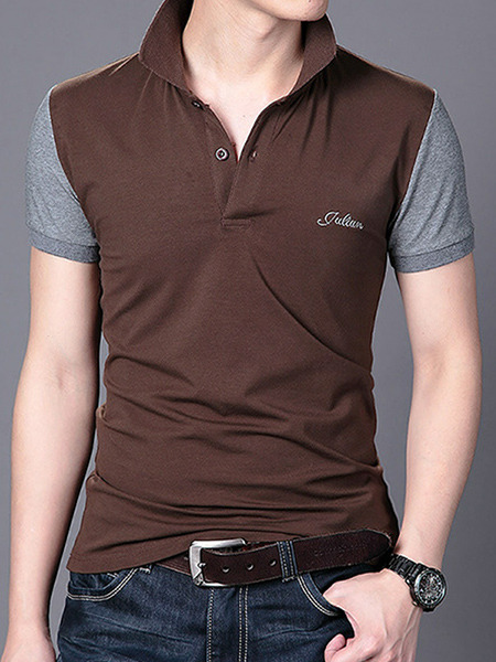 Brown and Grey Plus Size Slim Lapel Contrast Linking Buttons Men Tshirt for Casual Party Office