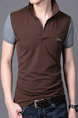 Brown and Grey Plus Size Slim Lapel Contrast Linking Buttons Men Tshirt for Casual Party Office
