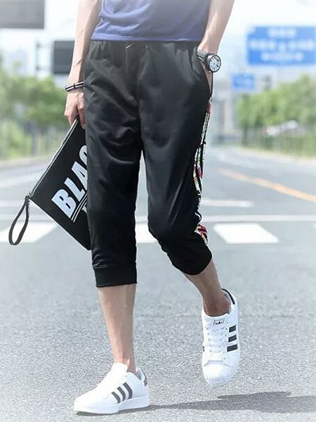 Black Halen Printed Stripe Side Adjustable Waist Band Men Pants for Casual Sports