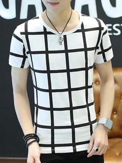 White Slim Grid T-Shirt Round Neck Plus Size Men Shirt for Casual Party