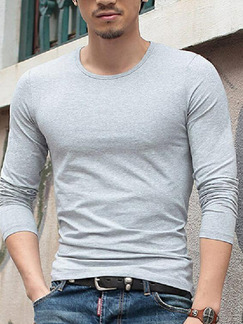 Light Gray Slim Round Neck T-Shirt Long Sleeve Plus Size Men Shirt for Casual