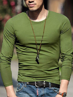 Army Green Slim Round Neck T-Shirt Long Sleeve Plus Size Men Shirt for Casual