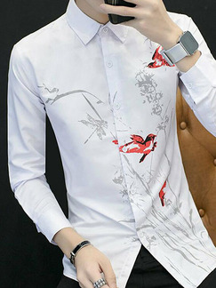 White Slim Located Printing Long Sleeve Men Shirt for Office Evening Party