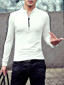 White Slim Zipper Side Stripe T-Shirt Long Sleeve Men Shirt for Casual Sporty