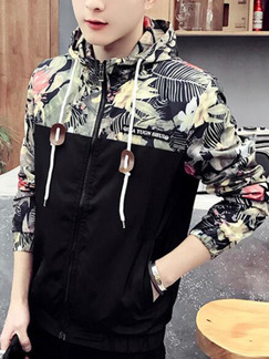Black Loose Hooded Linking Printed Long Sleeve Tropical Men Jacket for Casual