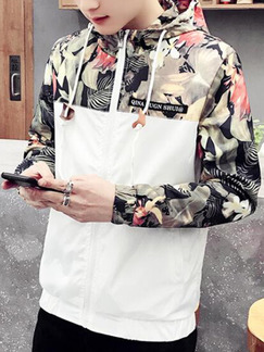 White Loose Hooded Linking Printed Long Sleeve Tropical Men Jacket for Casual