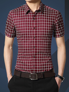 Wine Red Slim Contrast Grid Polo Men Shirt for Casual Office