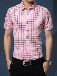 Pink Slim Contrast Grid Polo Men Shirt for Casual Office