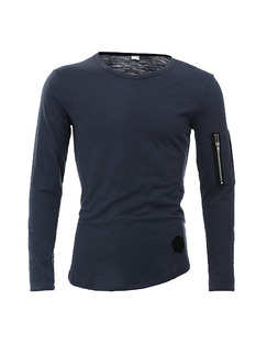 Dark Blue Loose Arm Zipper T-shirt Long Sleeve Men Shirt for Casual Party