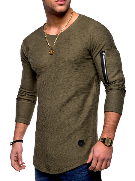 Army Green  Loose Arm Zipper T-shirt Long Sleeve Plus Size Men Shirt for Casual Party