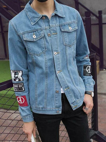 Blue Slim Denim Letter Digit Long Sleeve Pockets  Men Jacket for Casual