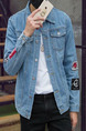 Blue Slim Denim Letter Digit Long Sleeve Pockets  Men Jacket for Casual