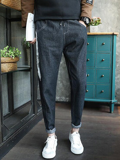 Black Loose Denim Contrast Side Long Men Pants for Casual Sporty