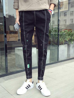 Black Slim Denim Splash-ink Long Men Pants for Casual Party