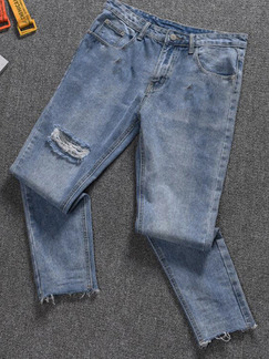Blue and Gray Loose Denim Holes Long Men Pants for Casual