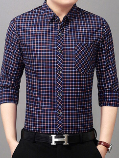 Black Slim Lapel Contrast Grid Long Sleeve Men Shirt for Casual Party Office