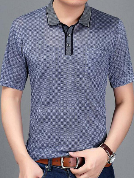 Gray and Blue Loose Lapel Grid Men Shirt for Casual Office Party