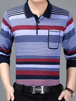 Blue and Red Loose Lapel Contrast Stripe Long Sleeve Plus Size Men Shirt for Casual Party Office