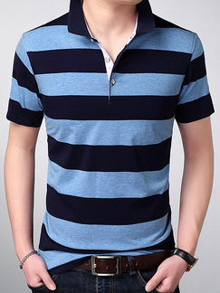 Navy Blue and Blue Slim Lapel Contrast Stripe  Men Shirt for Casual Party Office