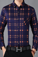 Blue and Orange Slim Lapel Contrast Grid Plus Size Long Sleeve Men Shirt for Casual Office Evening