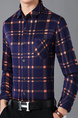 Blue and Orange Slim Lapel Contrast Grid Plus Size Long Sleeve Men Shirt for Casual Office Evening
